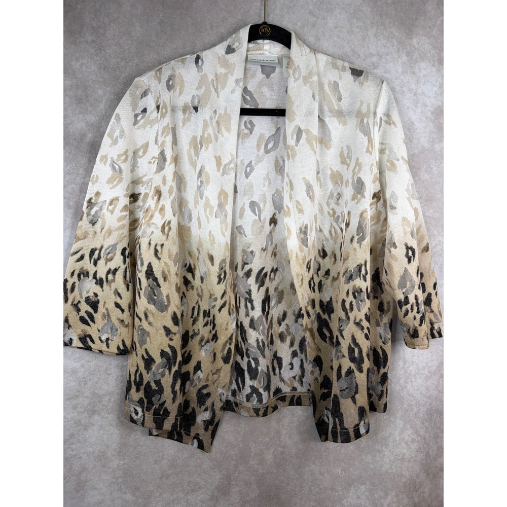 Alfred Dunner Cardigan Women PS White Tan Leopard Print Ombre Open Front Top